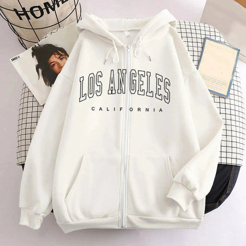 Autumn Spring Women’s Retro Fashion Hoodie Loose Letter Printed Zip Up Sweatshirt - Warms Hoodies