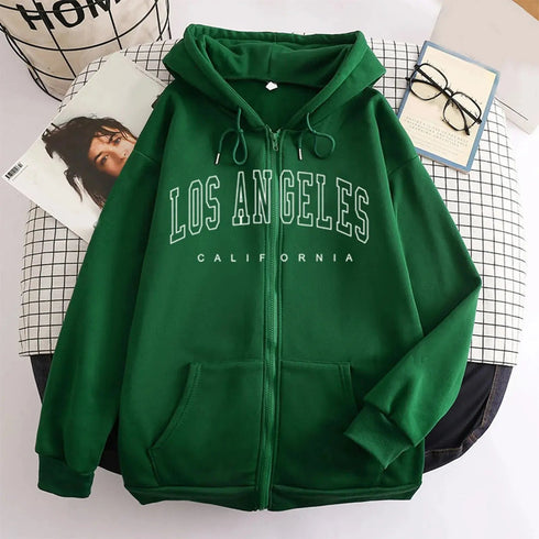 Autumn Spring Women’s Retro Fashion Hoodie Loose Letter Printed Zip Up Sweatshirt - Warms Hoodies