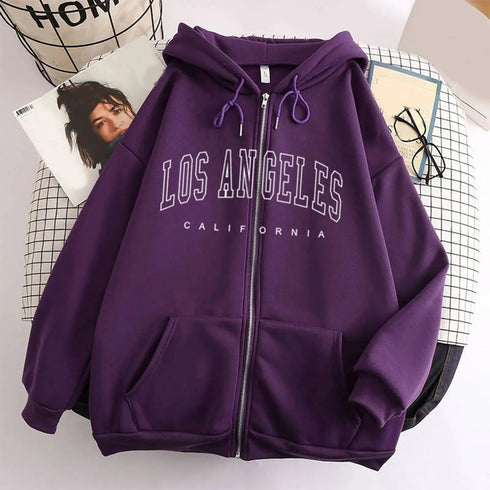 Autumn Spring Women’s Retro Fashion Hoodie Loose Letter Printed Zip Up Sweatshirt - Warms Hoodies