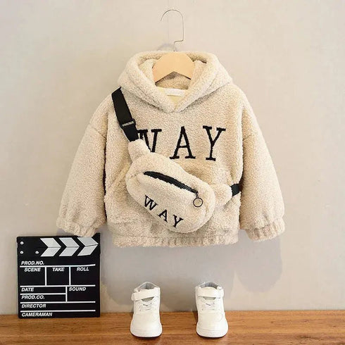 Autumn Winter Children’s Hoodies Fashionable Letter Print Sweatshirts with Complimentary Bag Warm Velvet Lined Coats - Warms Hoodies