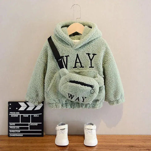 Autumn Winter Children’s Hoodies Fashionable Letter Print Sweatshirts with Complimentary Bag Warm Velvet Lined Coats - Warms Hoodies
