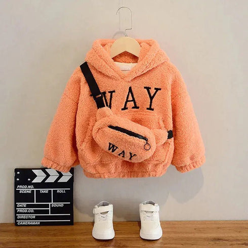Autumn Winter Children’s Hoodies Fashionable Letter Print Sweatshirts with Complimentary Bag Warm Velvet Lined Coats - Warms Hoodies