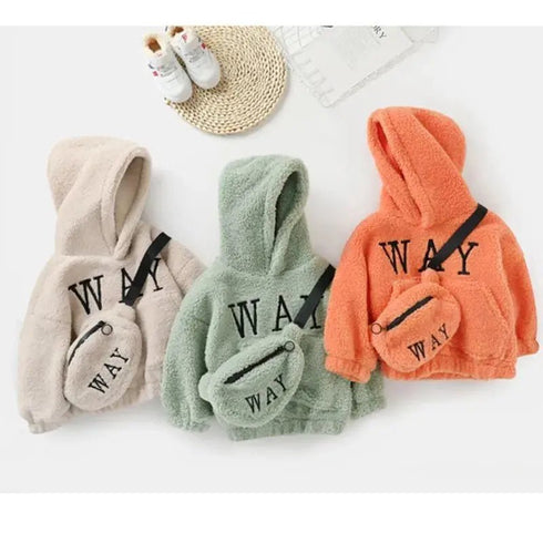 Autumn Winter Children’s Hoodies Fashionable Letter Print Sweatshirts with Complimentary Bag Warm Velvet Lined Coats - Warms Hoodies