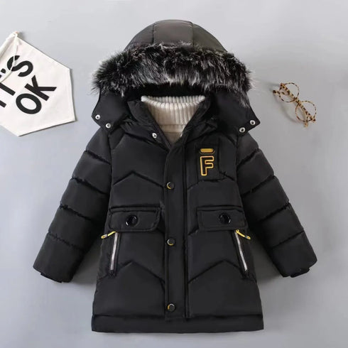 Boys' Winter Jacket with Plush Fur Collar - Fashion 'F' Letter Design - Warms Hoodies