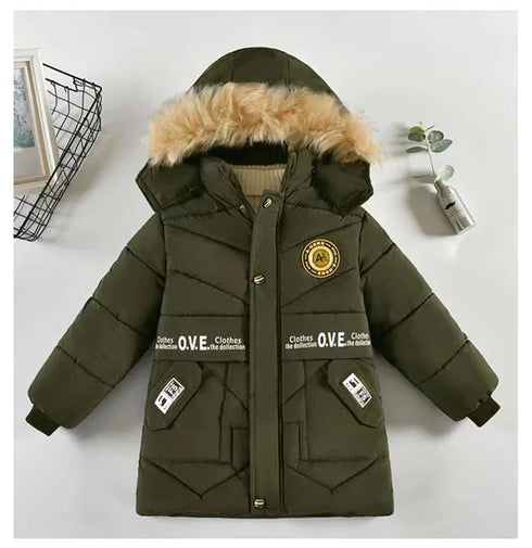 Boys' Winter Jacket with Plush Fur Collar - Fashion 'F' Letter Design - Warms Hoodies