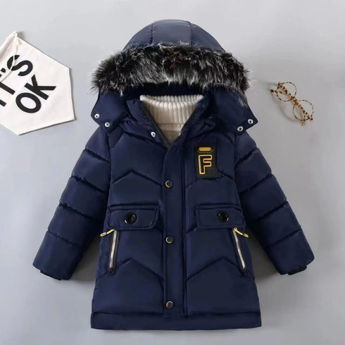 Boys' Winter Jacket with Plush Fur Collar - Fashion 'F' Letter Design - Warms Hoodies