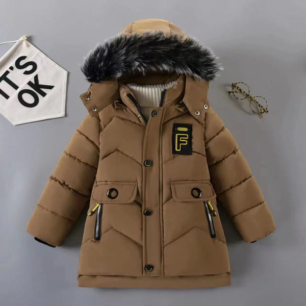 Boys' Winter Jacket with Plush Fur Collar - Fashion 'F' Letter Design - Warms Hoodies