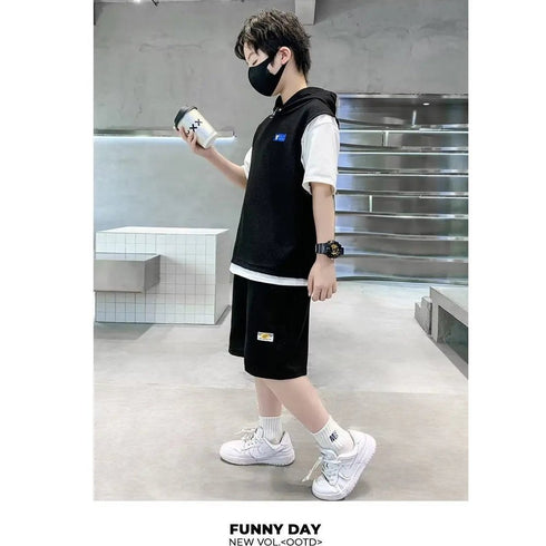 Kids’ Tracksuits - Patchwork Short Sleeve T-Shirt and Shorts Set - Boys and Girls Hoodie - Warms Hoodies