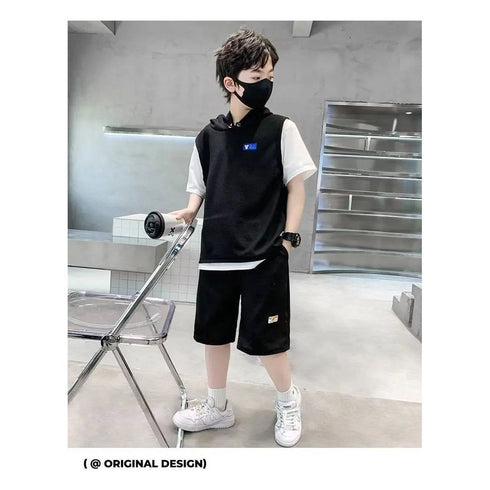 Kids’ Tracksuits - Patchwork Short Sleeve T-Shirt and Shorts Set - Boys and Girls Hoodie - Warms Hoodies