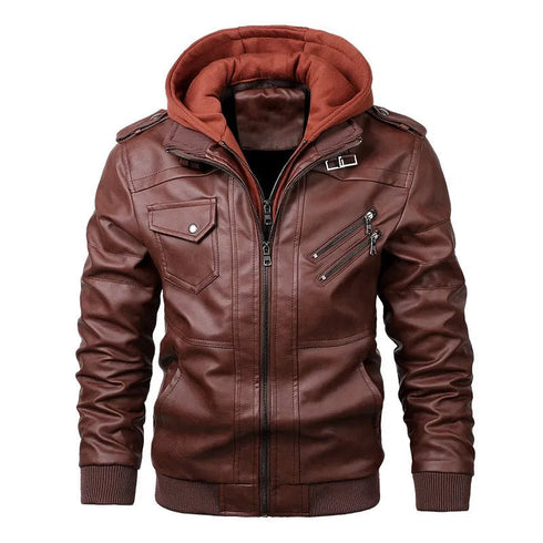 Men's PU Leather Biker Jacket - Autumn Casual Motorcycle Style, Detachable Hood, Brand Clothing - Warms Hoodies