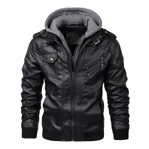 Men's PU Leather Biker Jacket - Autumn Casual Motorcycle Style, Detachable Hood, Brand Clothing - Warms Hoodies