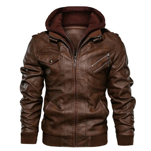 Men's PU Leather Biker Jacket - Autumn Casual Motorcycle Style, Detachable Hood, Brand Clothing - Warms Hoodies
