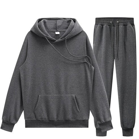 Men’s Two-Piece Solid Color Hoodie and Pants Set - Premium Casual Sportswear Tracksuit - Warms Hoodies