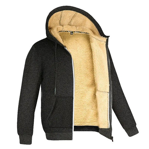 Men's Winter Hoodie - Lambswool-Lined, Thick Fleece, Zippered, Long Sleeve, Casual Black Coat - Warms Hoodies