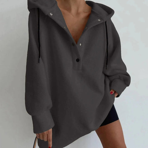 Oversized Women’s Hoodie: New Polar Fleece, Casual Solid Button, Harajuku Loose Pullover, Streetwear Style - Warms Hoodies