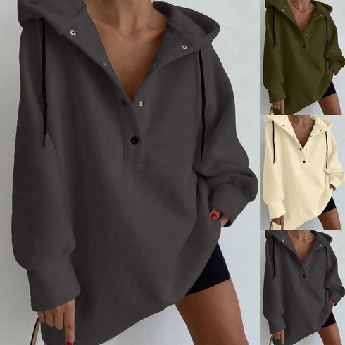 Oversized Women’s Hoodie: New Polar Fleece, Casual Solid Button, Harajuku Loose Pullover, Streetwear Style - Warms Hoodies