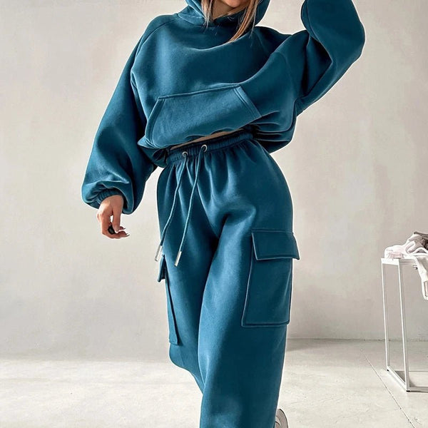 Women’s Hooded Tracksuit Two-Piece Set with Drawstring Sweatpants and Pullover Hoodie - Warms Hoodies