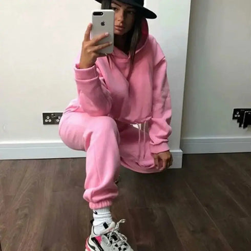 Women’s Winter and Autumn Two-Piece Tracksuit - Oversized Sweatshirt Solid Color Sportswear Hoodie - Warms Hoodies