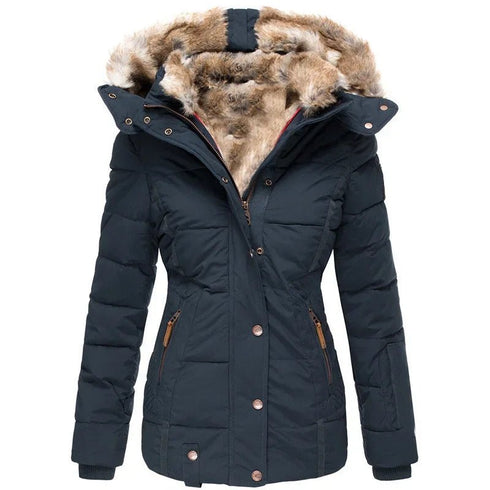 Women's Winter Parka Coat - Slim Fit, Hooded, Cotton-Polyester Blend, Fleece-Lined, Long, with Pockets - Warms Hoodies