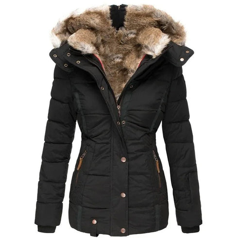Women's Winter Parka Coat - Slim Fit, Hooded, Cotton-Polyester Blend, Fleece-Lined, Long, with Pockets - Warms Hoodies