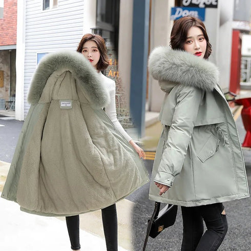 Women's Winter Parka - Long Fashion Coat with Wool Liner, Hooded, Fur Collar, Slim Fit, Warm Padded Snow Wear - Warms Hoodies