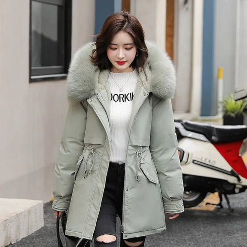 Women's Winter Parka - Long Fashion Coat with Wool Liner, Hooded, Fur Collar, Slim Fit, Warm Padded Snow Wear - Warms Hoodies