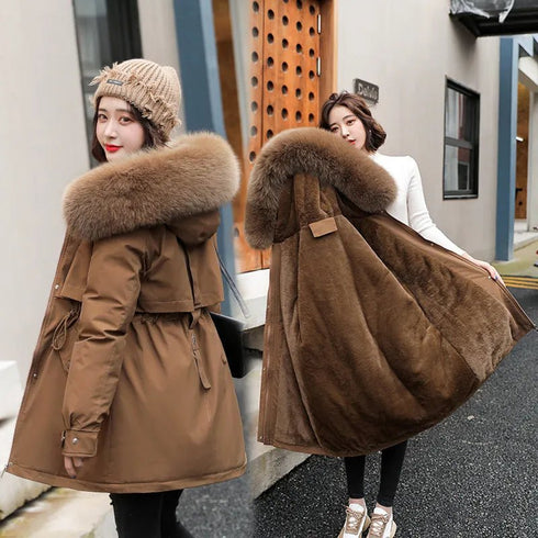Women's Winter Parka - Long Fashion Coat with Wool Liner, Hooded, Fur Collar, Slim Fit, Warm Padded Snow Wear - Warms Hoodies
