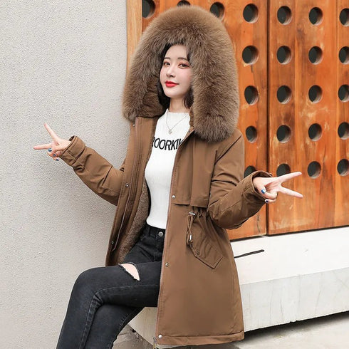 Women's Winter Parka - Long Fashion Coat with Wool Liner, Hooded, Fur Collar, Slim Fit, Warm Padded Snow Wear - Warms Hoodies