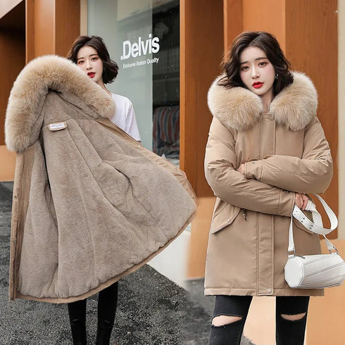Women's Winter Parka - Long Fashion Coat with Wool Liner, Hooded, Fur Collar, Slim Fit, Warm Padded Snow Wear - Warms Hoodies